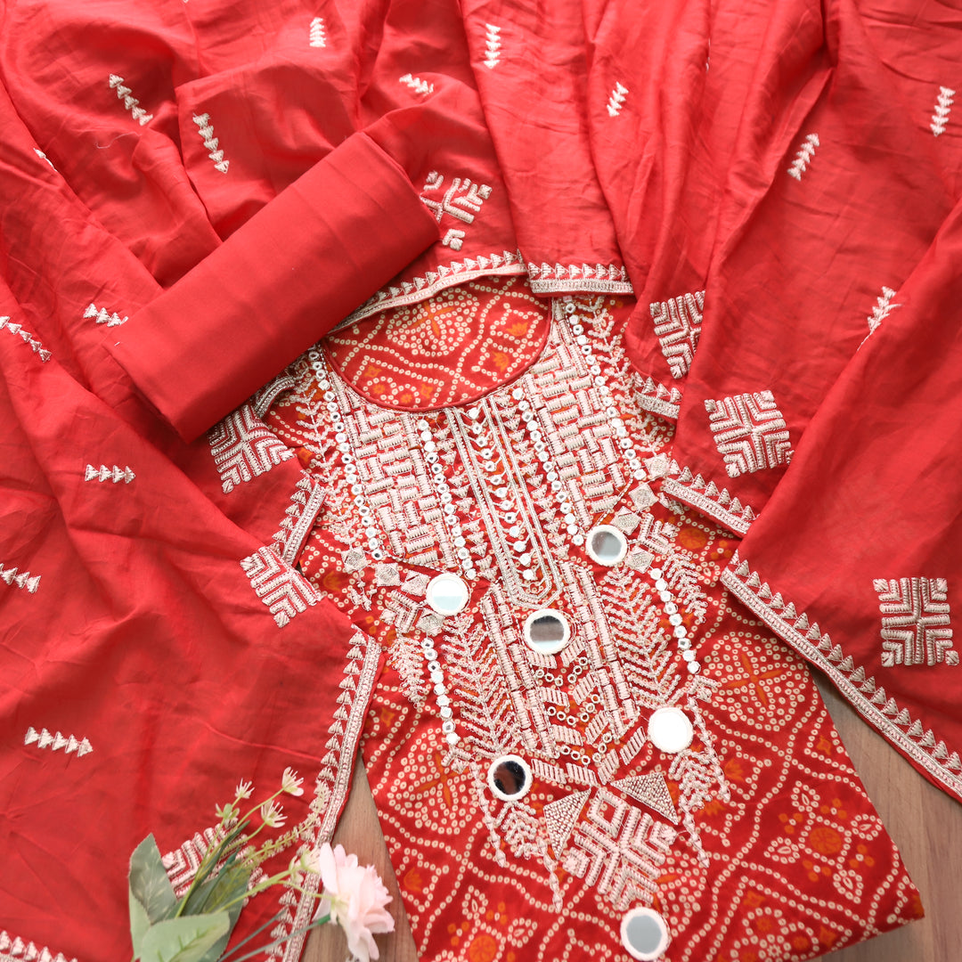 Nandini Barn Red Mirror Embellished Neck Work Bnadhani Print Cotton Set