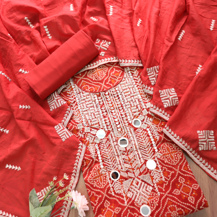 Nandini Barn Red Mirror Embellished Neck Work Bnadhani Print Cotton Set