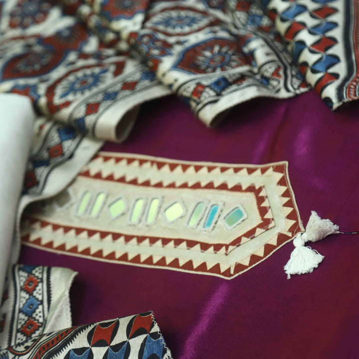 Haniya Royal Purple Mirror work Authentic Gajji Silk Top with Stole Dupatta
