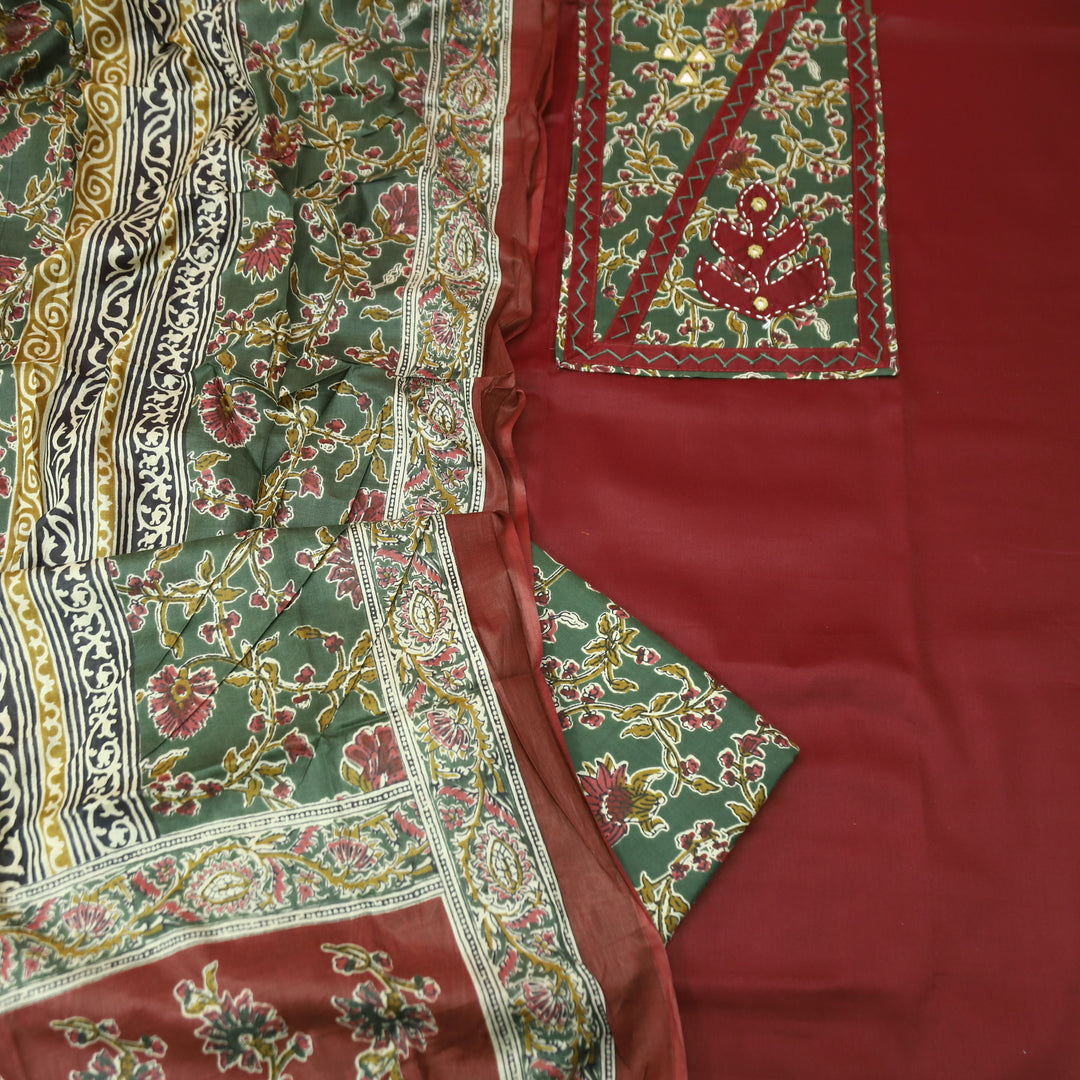 Kriya Berry Red Applique Kalamkari Yoke Jam Cotton Set