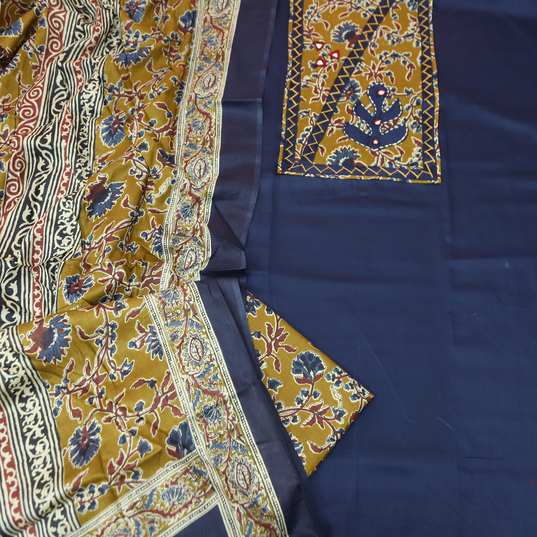 Kriya Denim Blue Applique Kalamkari Yoke Jam Cotton Set