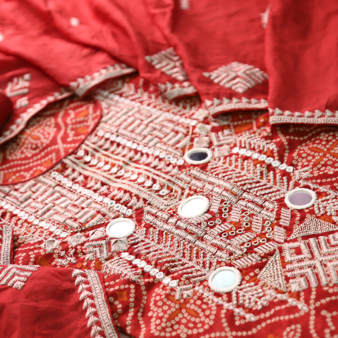 Nandini Barn Red Mirror Embellished Neck Work Bnadhani Print Cotton Set