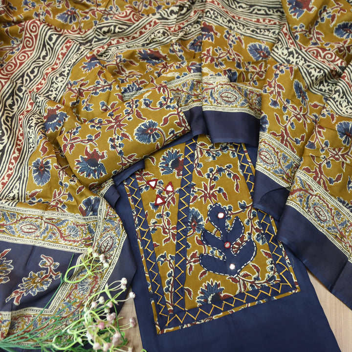 Kriya Denim Blue Applique Kalamkari Yoke Jam Cotton Set