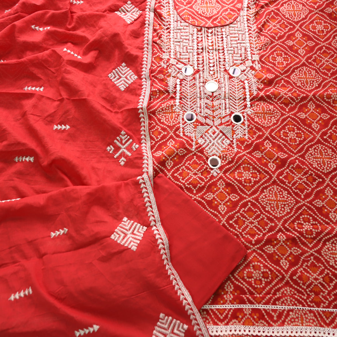 Nandini Barn Red Mirror Embellished Neck Work Bnadhani Print Cotton Set