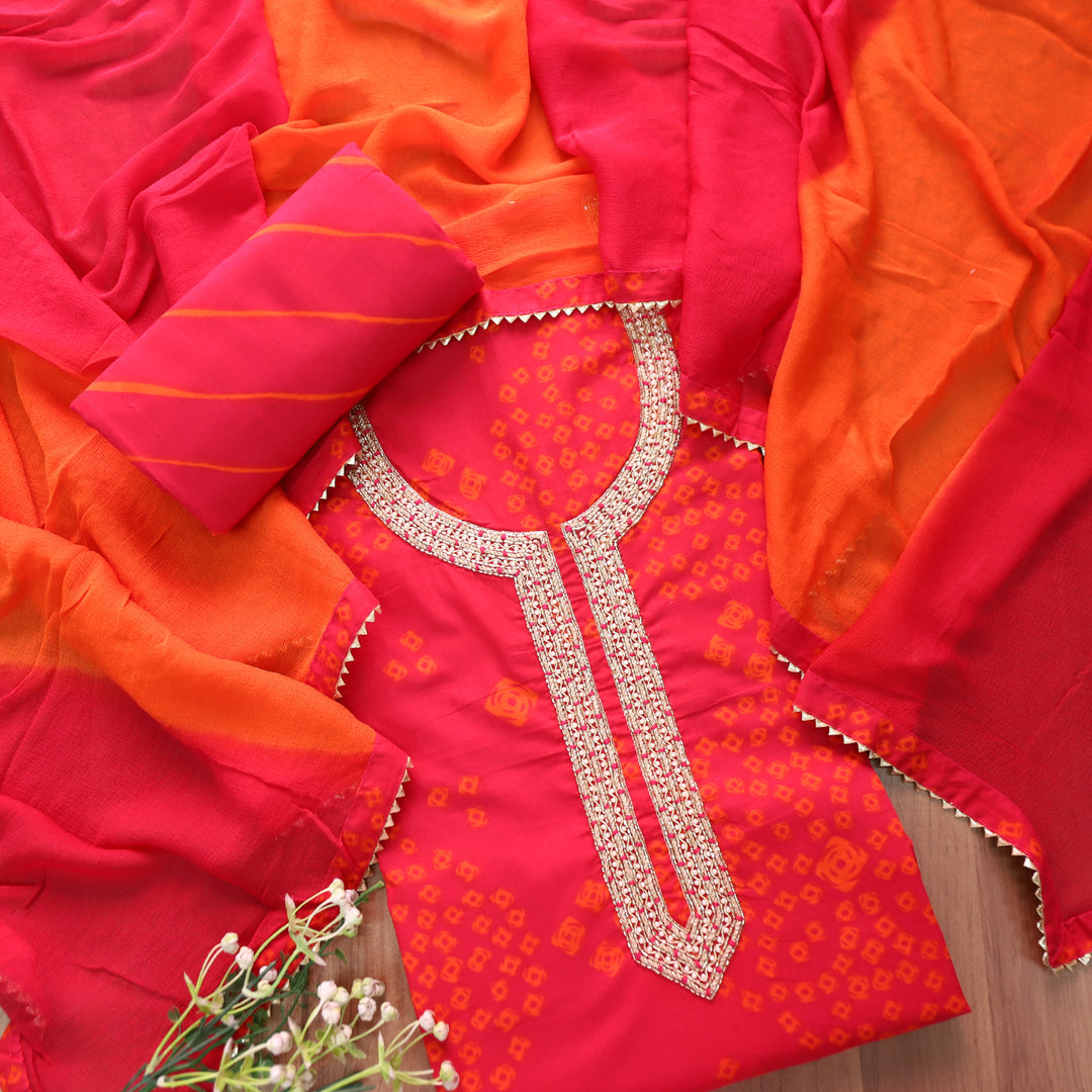 Madhubala Rani Red Kardana Embellish Neck Bandhej Print Cotton Set