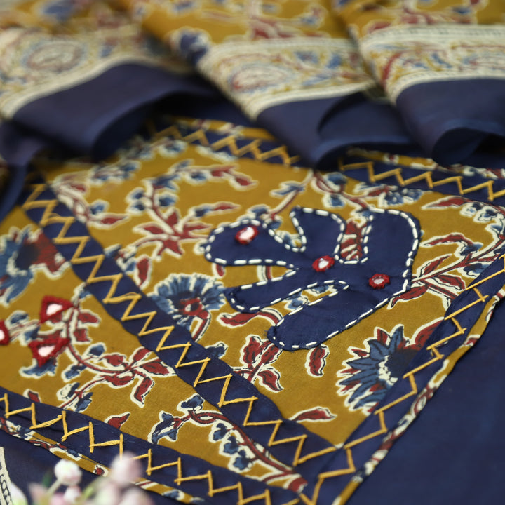Kriya Denim Blue Applique Kalamkari Yoke Jam Cotton Set