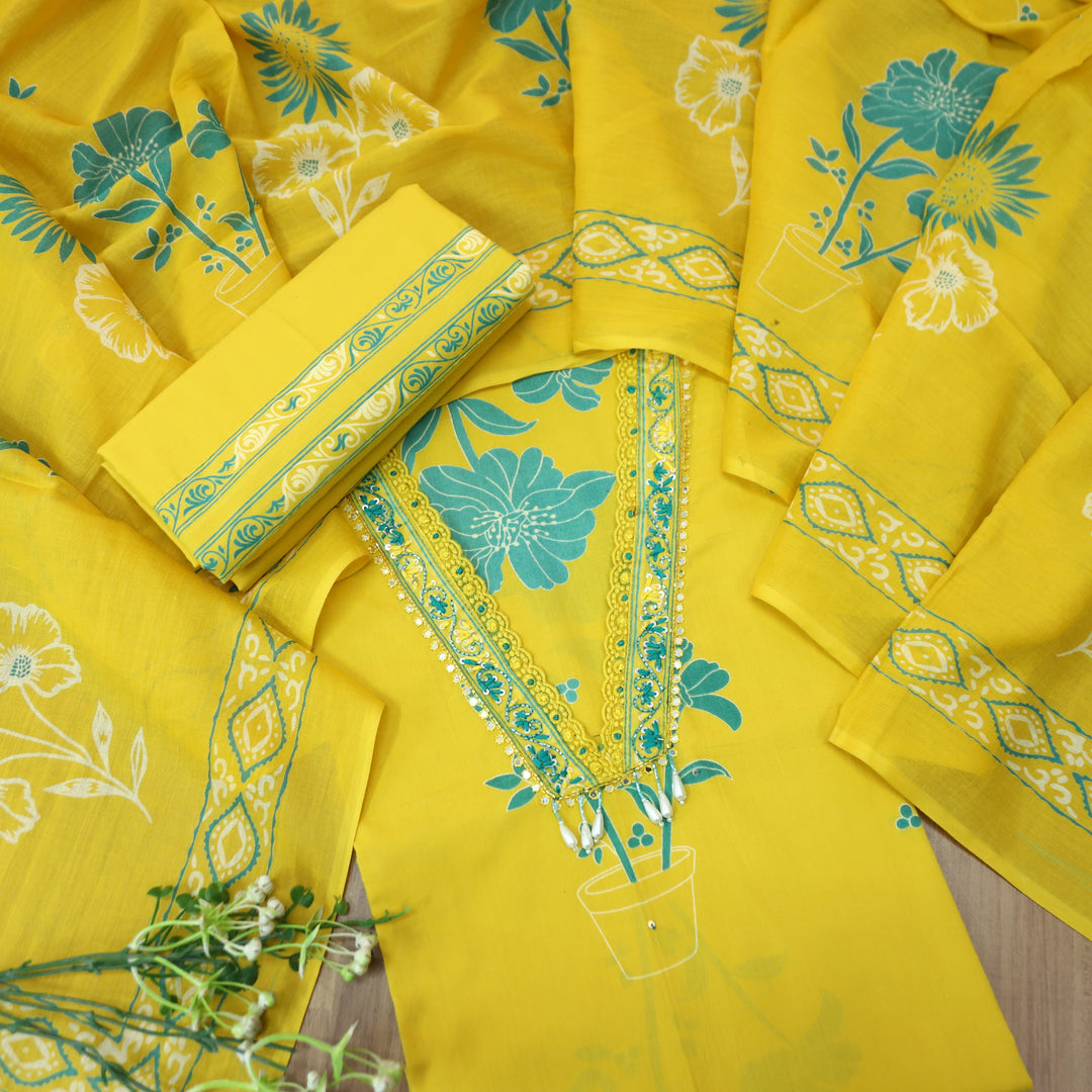 Cloie Corn Yellow kardana Lace V Neck Floral Print Cotton set