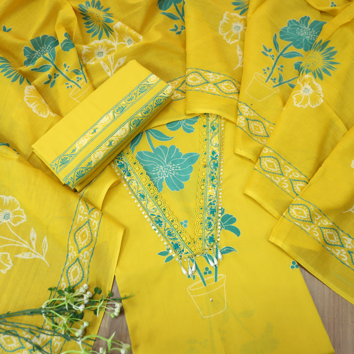 Cloie Corn Yellow kardana Lace V Neck Floral Print Cotton set