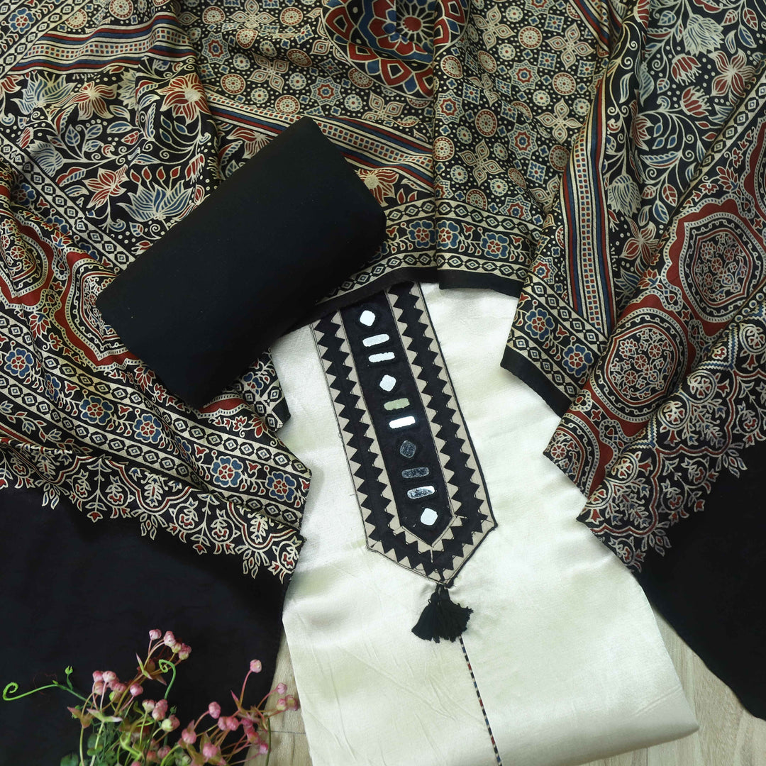 Haniya Silver Beige Mirror work Authentic Gajji Silk Top with Stole Dupatta