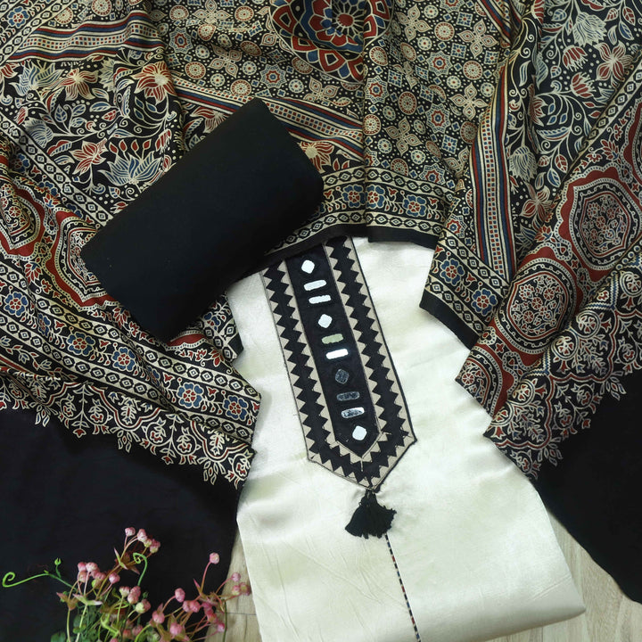 Haniya Silver Beige Mirror work Authentic Gajji Silk Top with Stole Dupatta