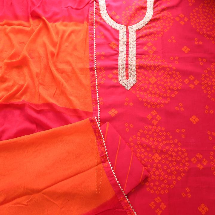Madhubala Rani Red Kardana Embellish Neck Bandhej Print Cotton Set