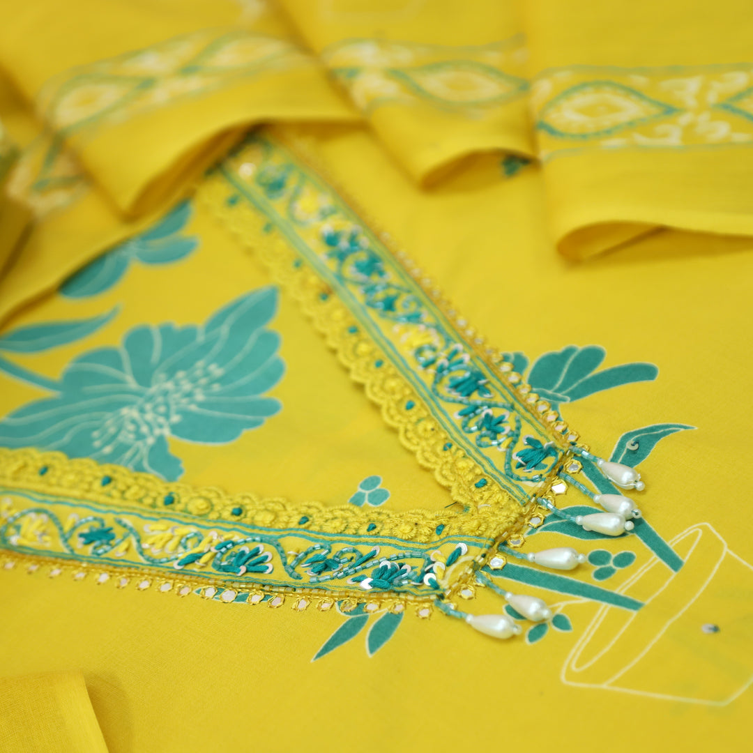 Cloie Corn Yellow kardana Lace V Neck Floral Print Cotton set