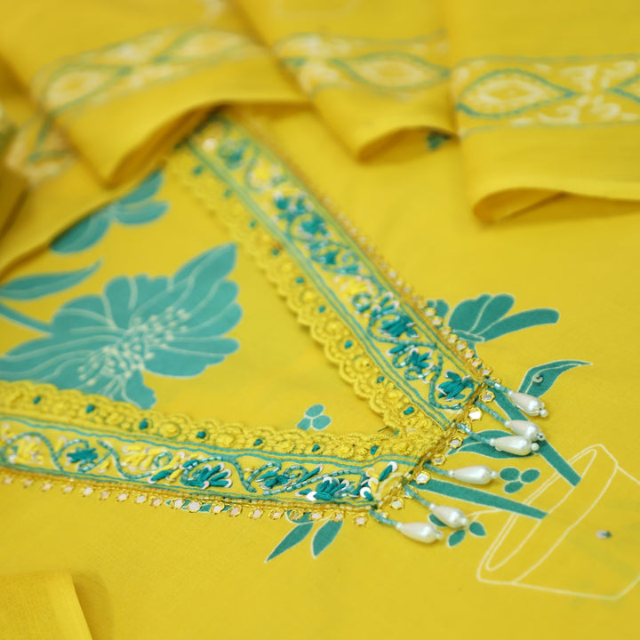Cloie Corn Yellow kardana Lace V Neck Floral Print Cotton set