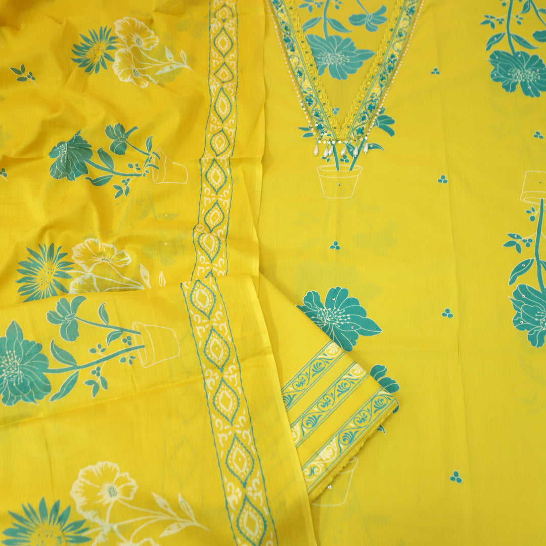Cloie Corn Yellow kardana Lace V Neck Floral Print Cotton set