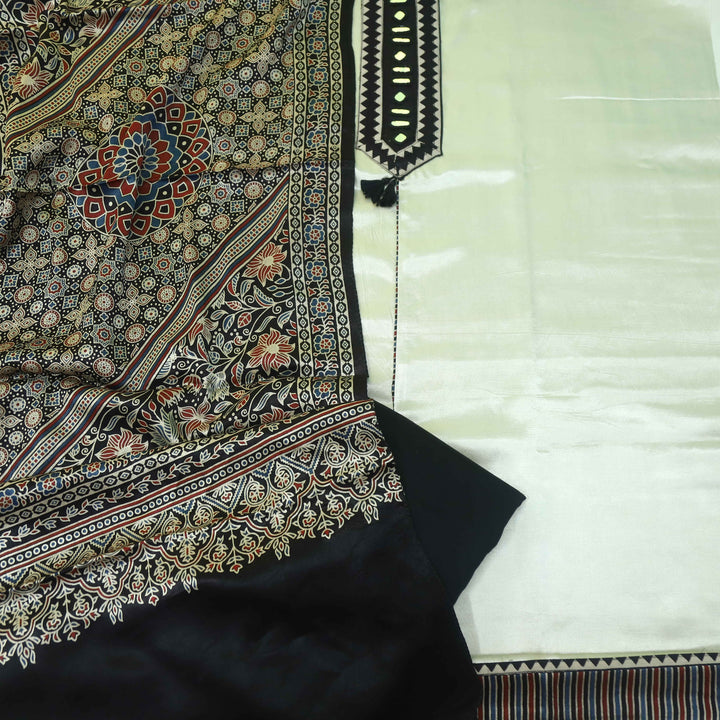 Haniya Silver Beige Mirror work Authentic Gajji Silk Top with Stole Dupatta