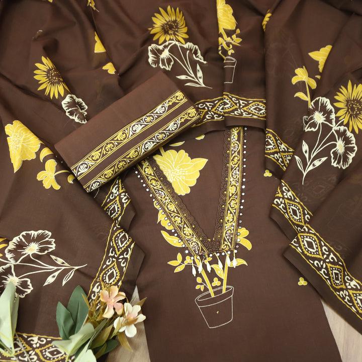 Cloie Choco Brown kardana Lace V Neck Floral Print Cotton Set