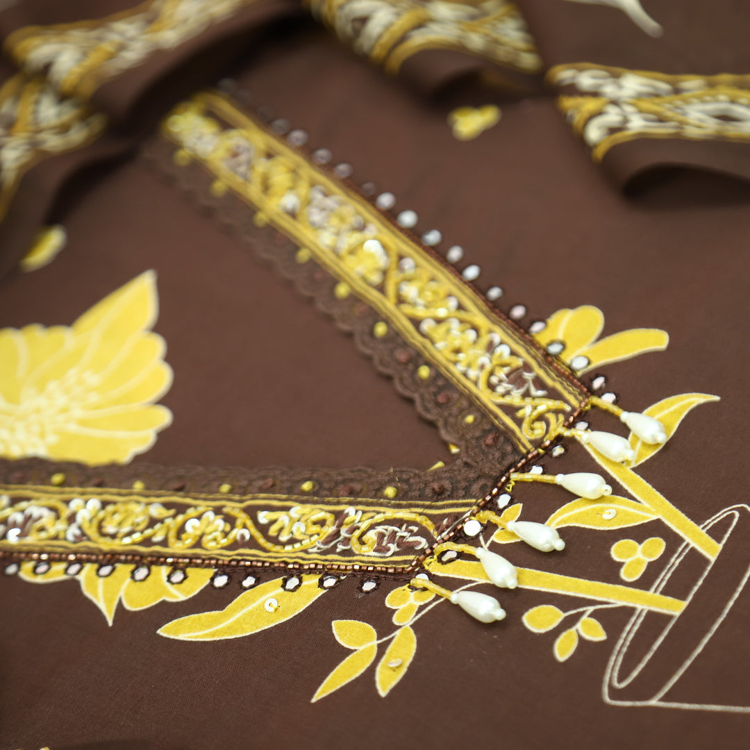 Cloie Choco Brown kardana Lace V Neck Floral Print Cotton Set