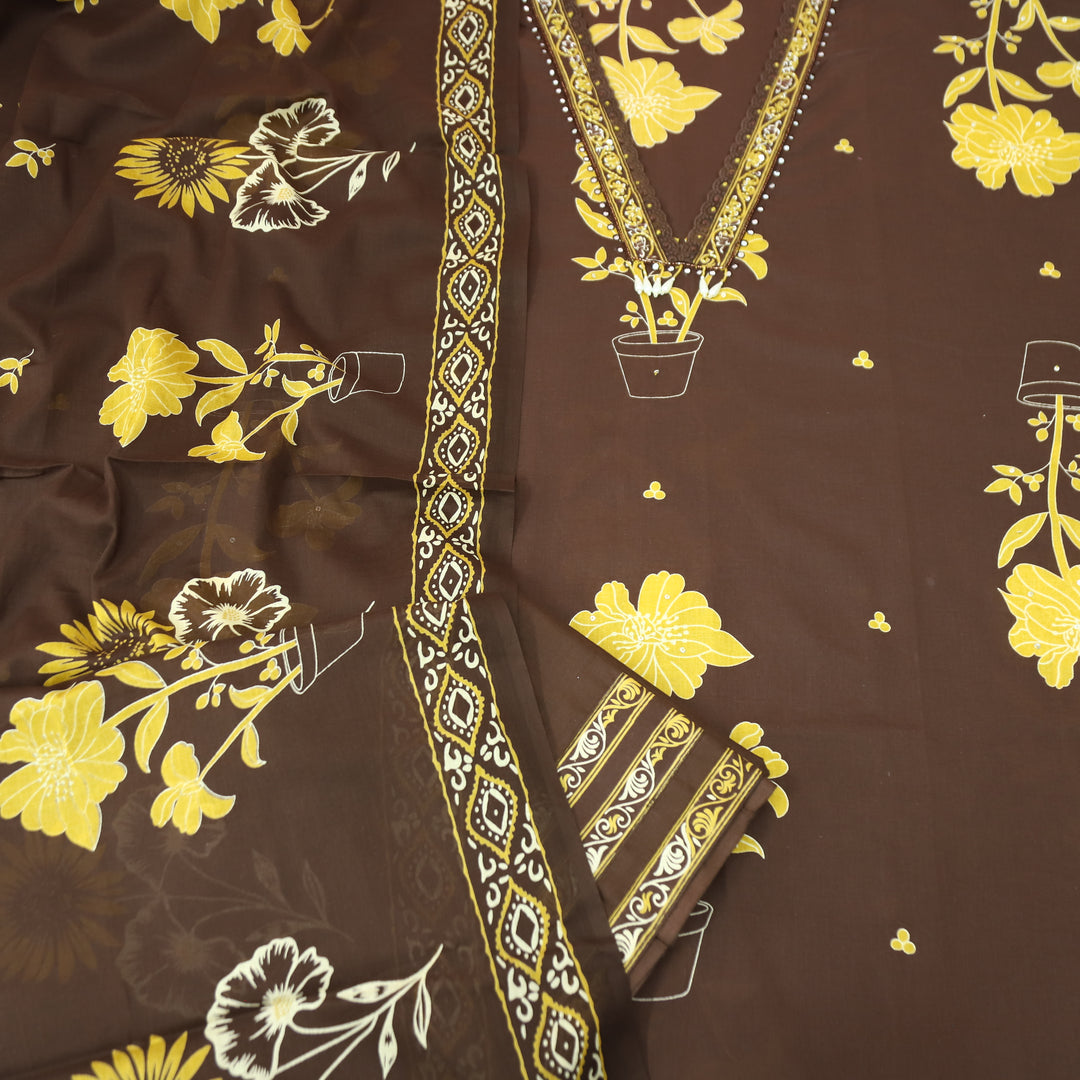 Cloie Choco Brown kardana Lace V Neck Floral Print Cotton Set