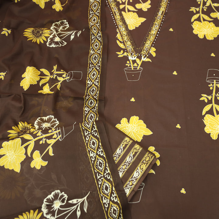 Cloie Choco Brown kardana Lace V Neck Floral Print Cotton Set