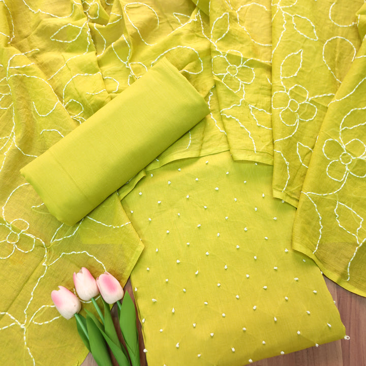 Kaveri Lemon Green All Over French Knot Work Cotton Set