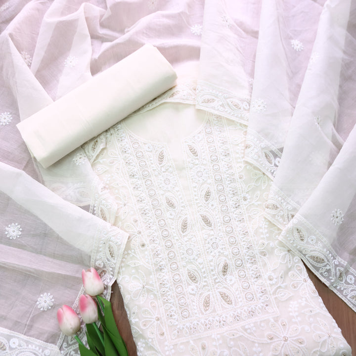 Luxe Shell White Zari with Thread Embroidered Chanderi Set