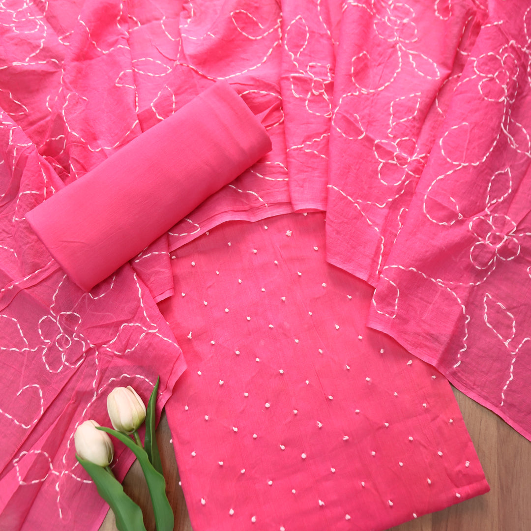 Kaveri Candy Pink All Over French Knot Work Cotton Set