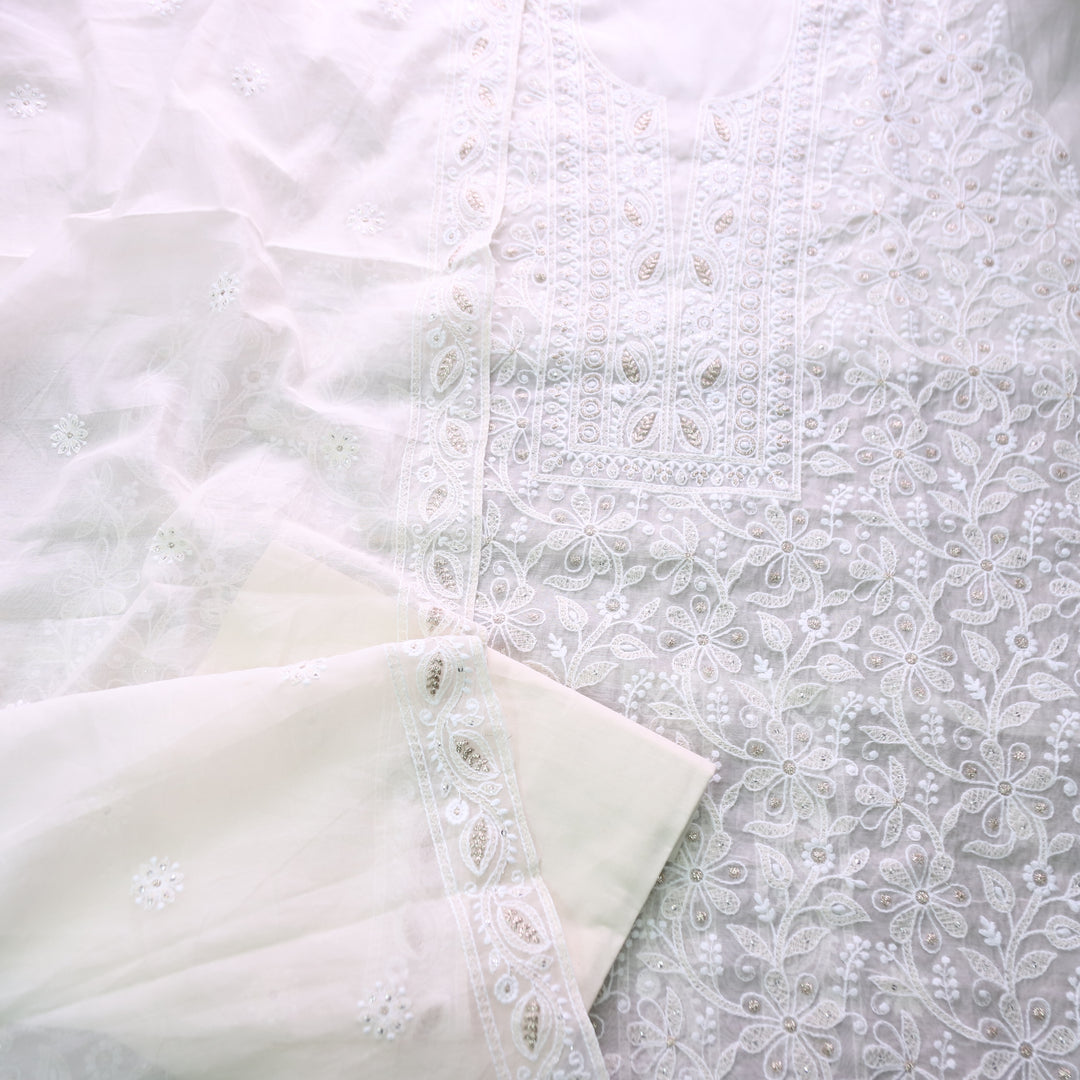 Luxe Shell White Zari with Thread Embroidered Chanderi Set