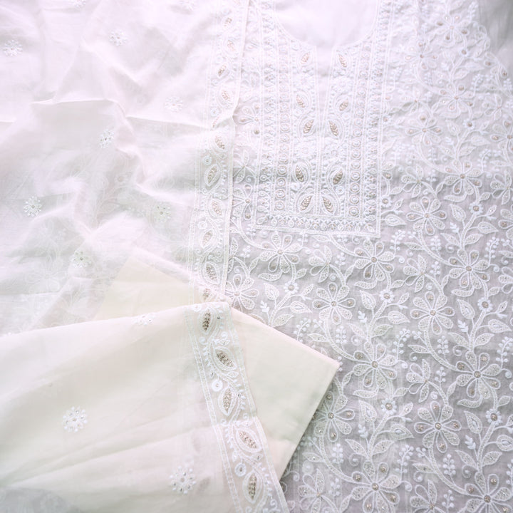 Luxe Shell White Zari with Thread Embroidered Chanderi Set