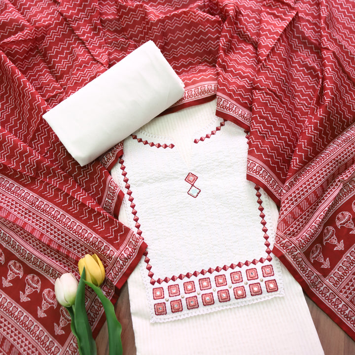 Rabri Maroon Red Emboidered with Mirror Yoke Dobby Cotton Chanderi Set
