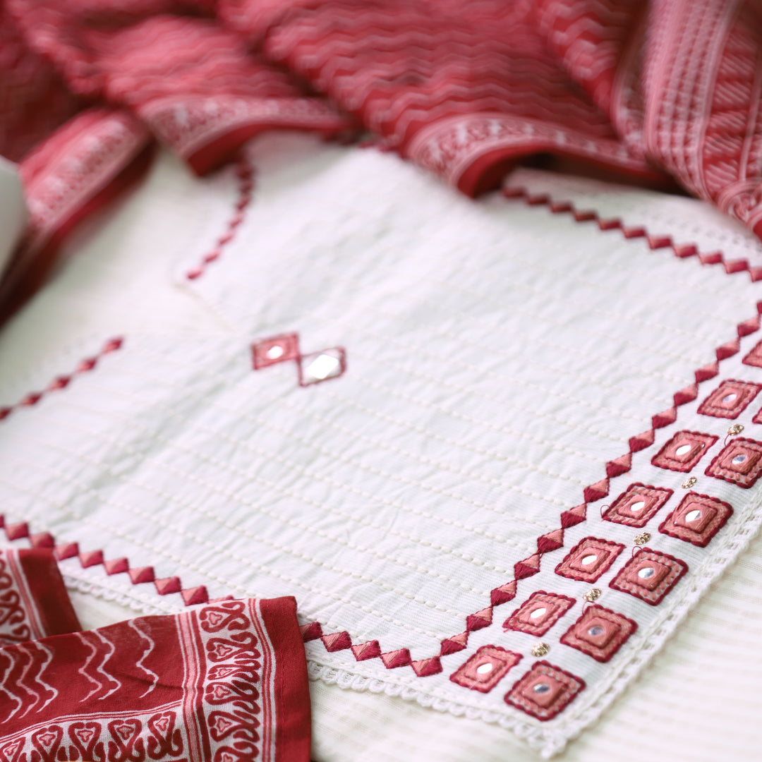 Rabri Maroon Red Emboidered with Mirror Yoke Dobby Cotton Chanderi Set