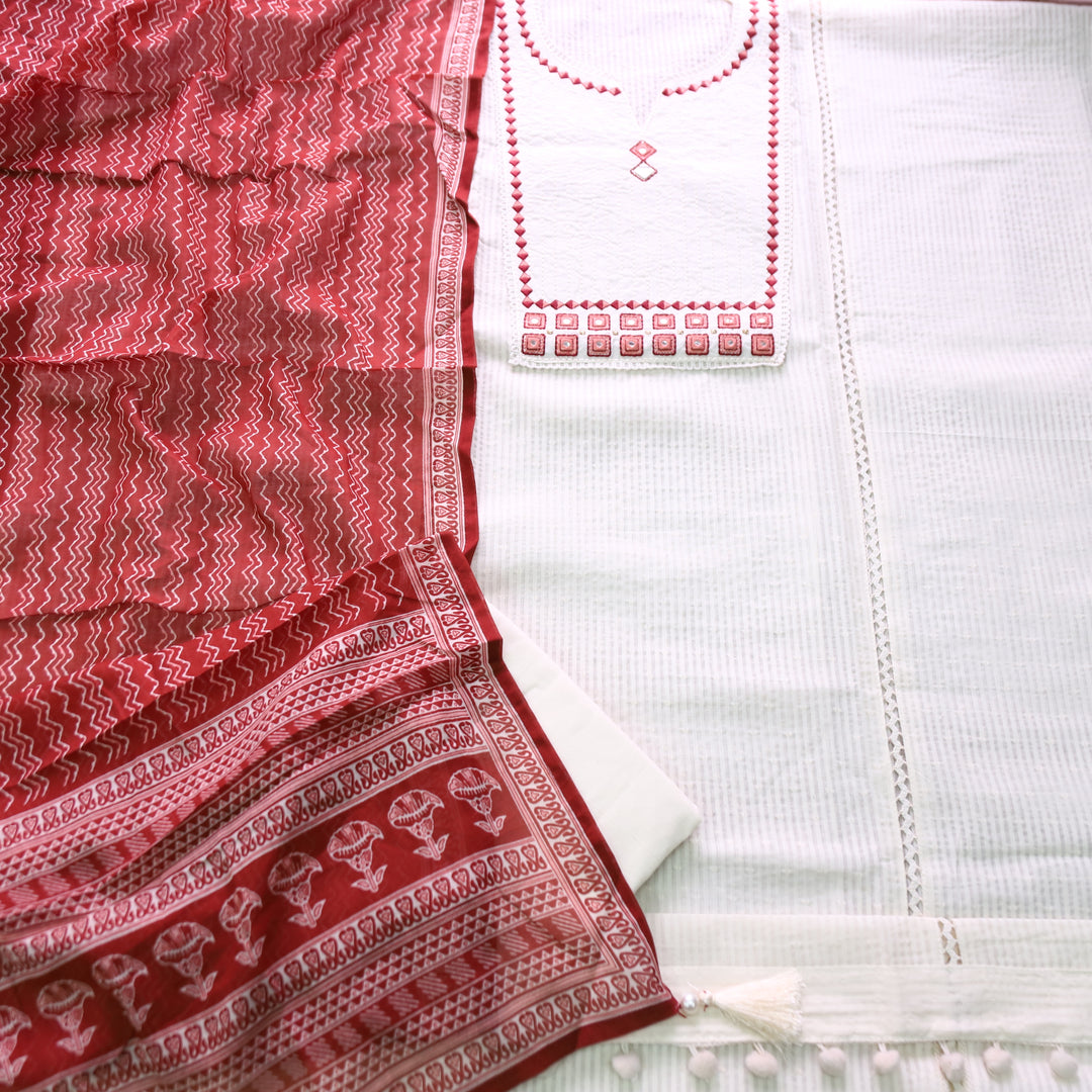 Rabri Maroon Red Emboidered with Mirror Yoke Dobby Cotton Chanderi Set