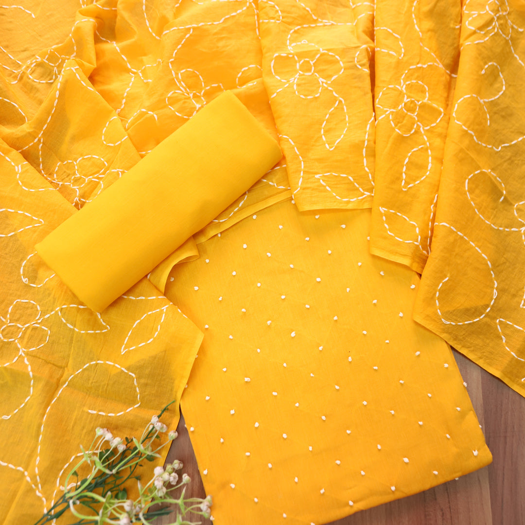 Kaveri Sunflower Yellow All Over French Knot Work Cotton Set