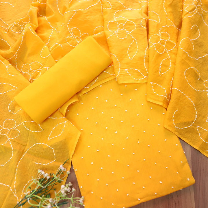 Kaveri Sunflower Yellow All Over French Knot Work Cotton Set