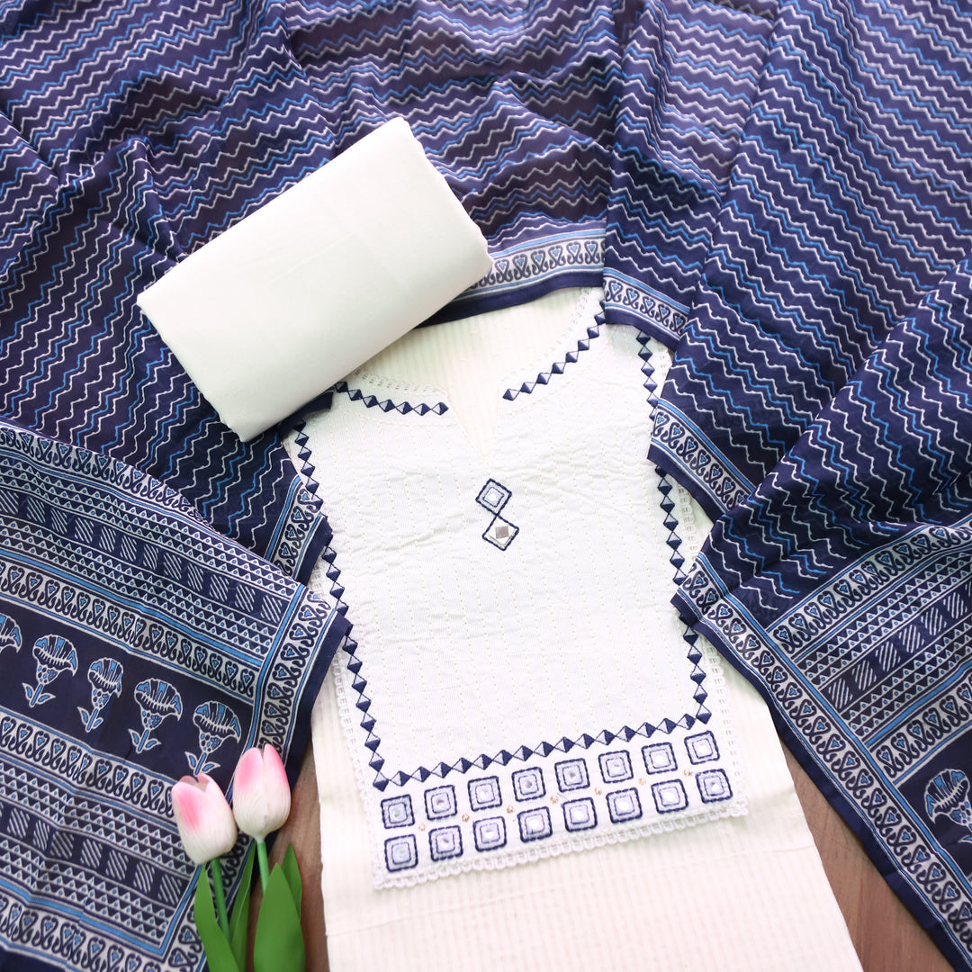 Rabri Blue Emboidered with Mirror Yoke Dobby Cotton Chanderi Set