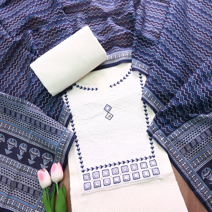 Rabri Blue Emboidered with Mirror Yoke Dobby Cotton Chanderi Set