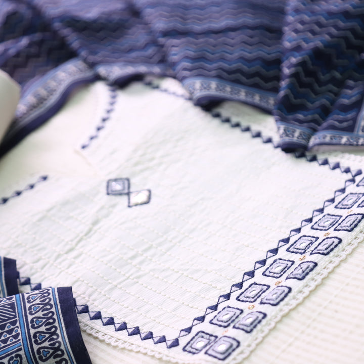 Rabri Blue Emboidered with Mirror Yoke Dobby Cotton Chanderi Set