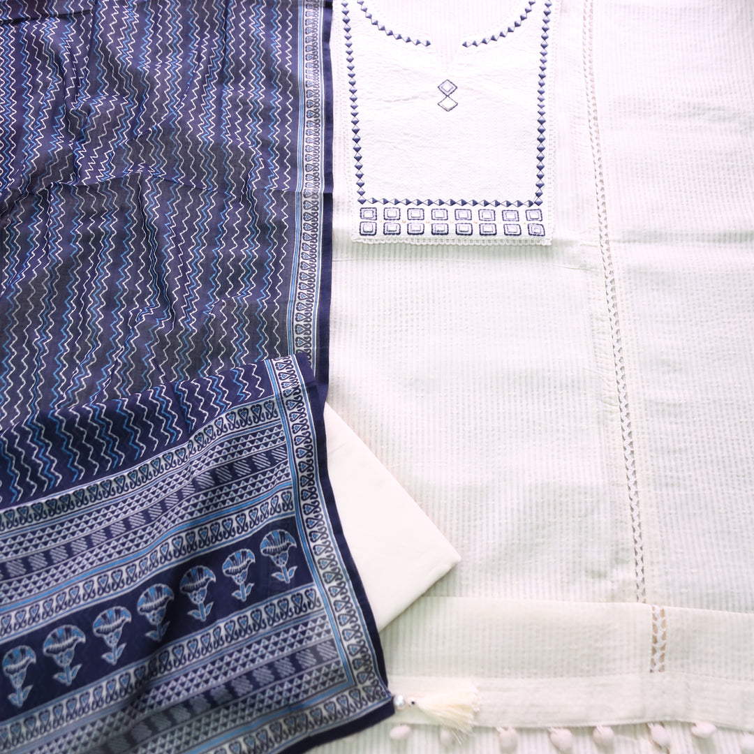 Rabri Blue Emboidered with Mirror Yoke Dobby Cotton Chanderi Set