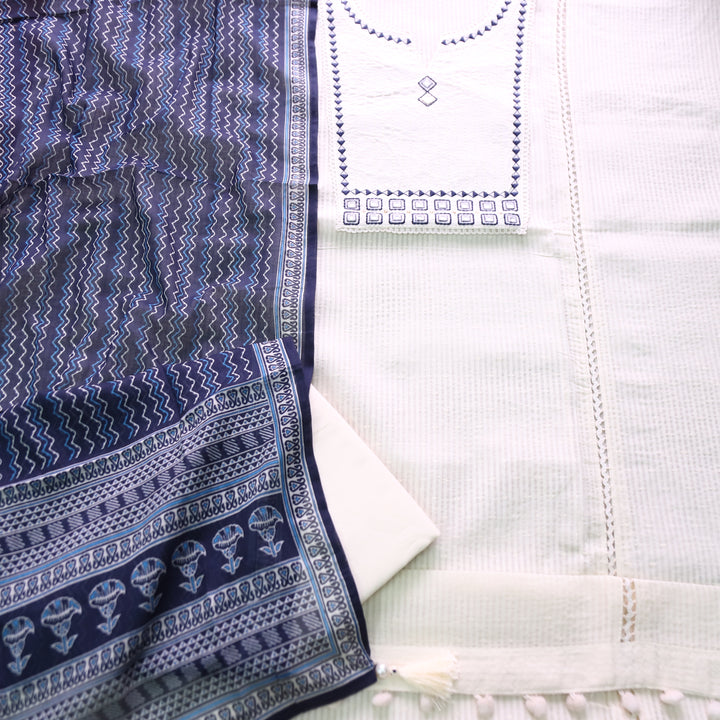 Rabri Blue Emboidered with Mirror Yoke Dobby Cotton Chanderi Set