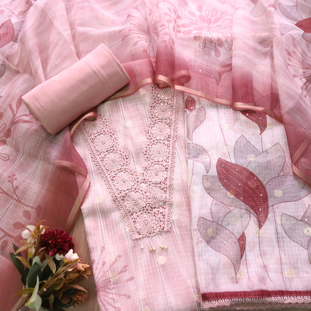 Zahir Mauve Pink V Neck Lace Work Brocade Woven Kota Doriya Set