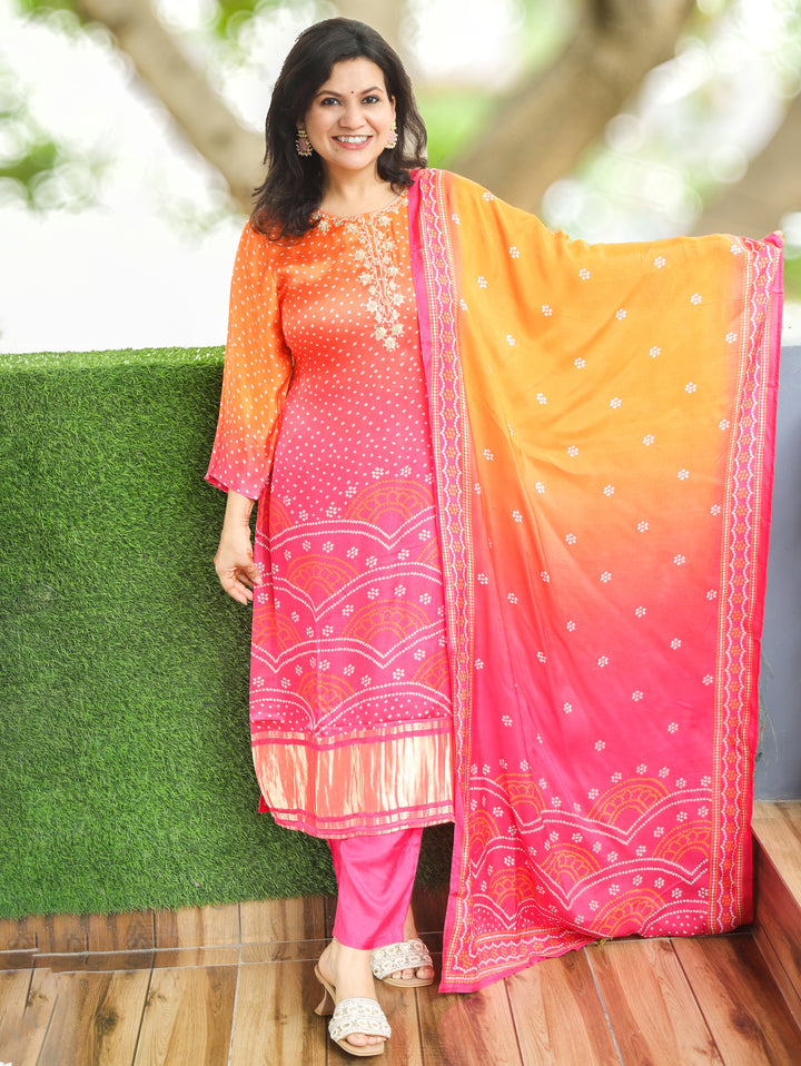 Meera Orange Pink Embellish Bandhani Muslin 3 Piece Set
