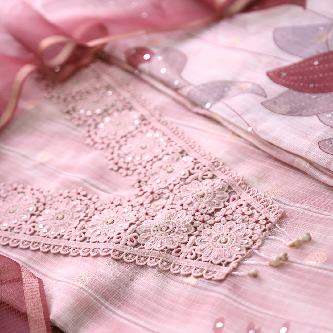Zahir Mauve Pink V Neck Lace Work Brocade Woven Kota Doriya Set