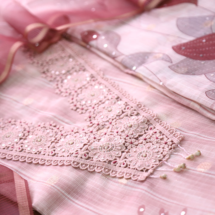Zahir Mauve Pink V Neck Lace Work Brocade Woven Kota Doriya Set