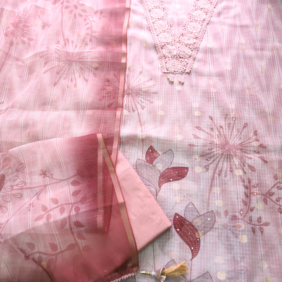 Zahir Mauve Pink V Neck Lace Work Brocade Woven Kota Doriya Set