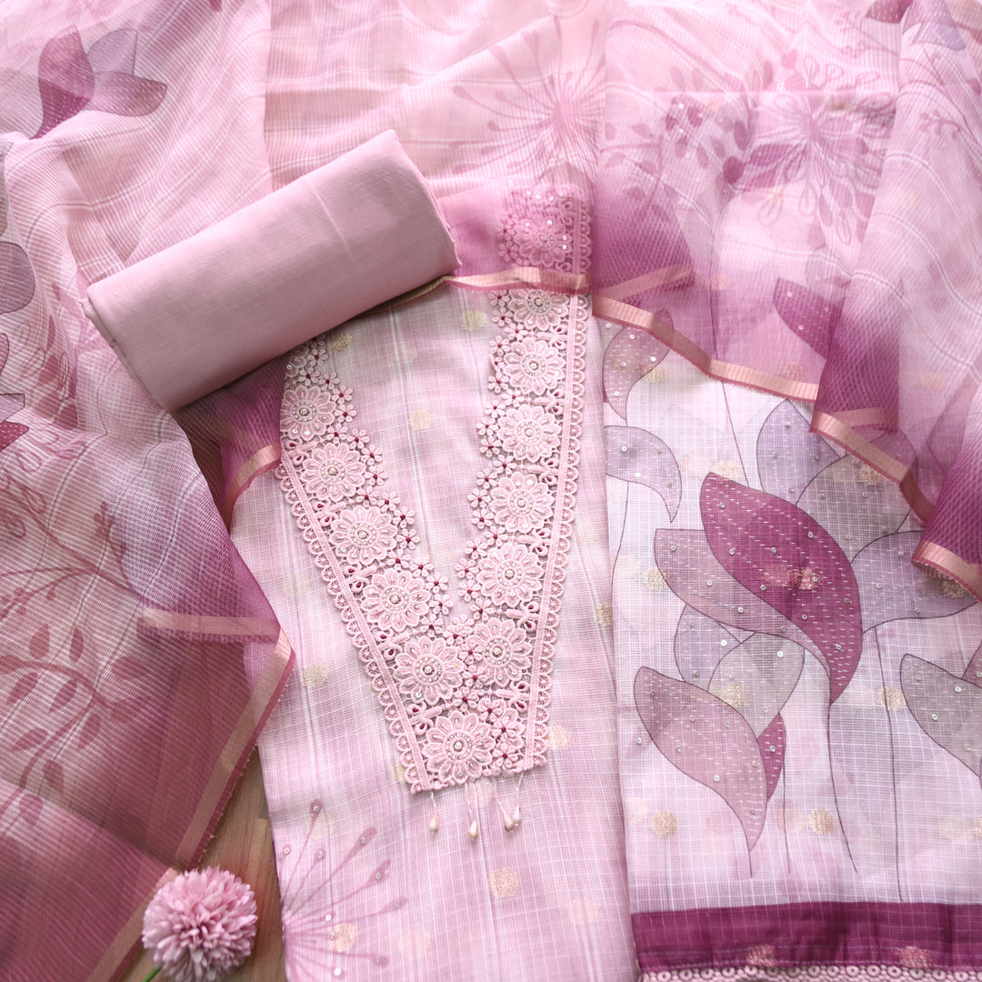 Zahir Helio Purple V Neck Lace Work Brocade Woven Kota Doriya Set