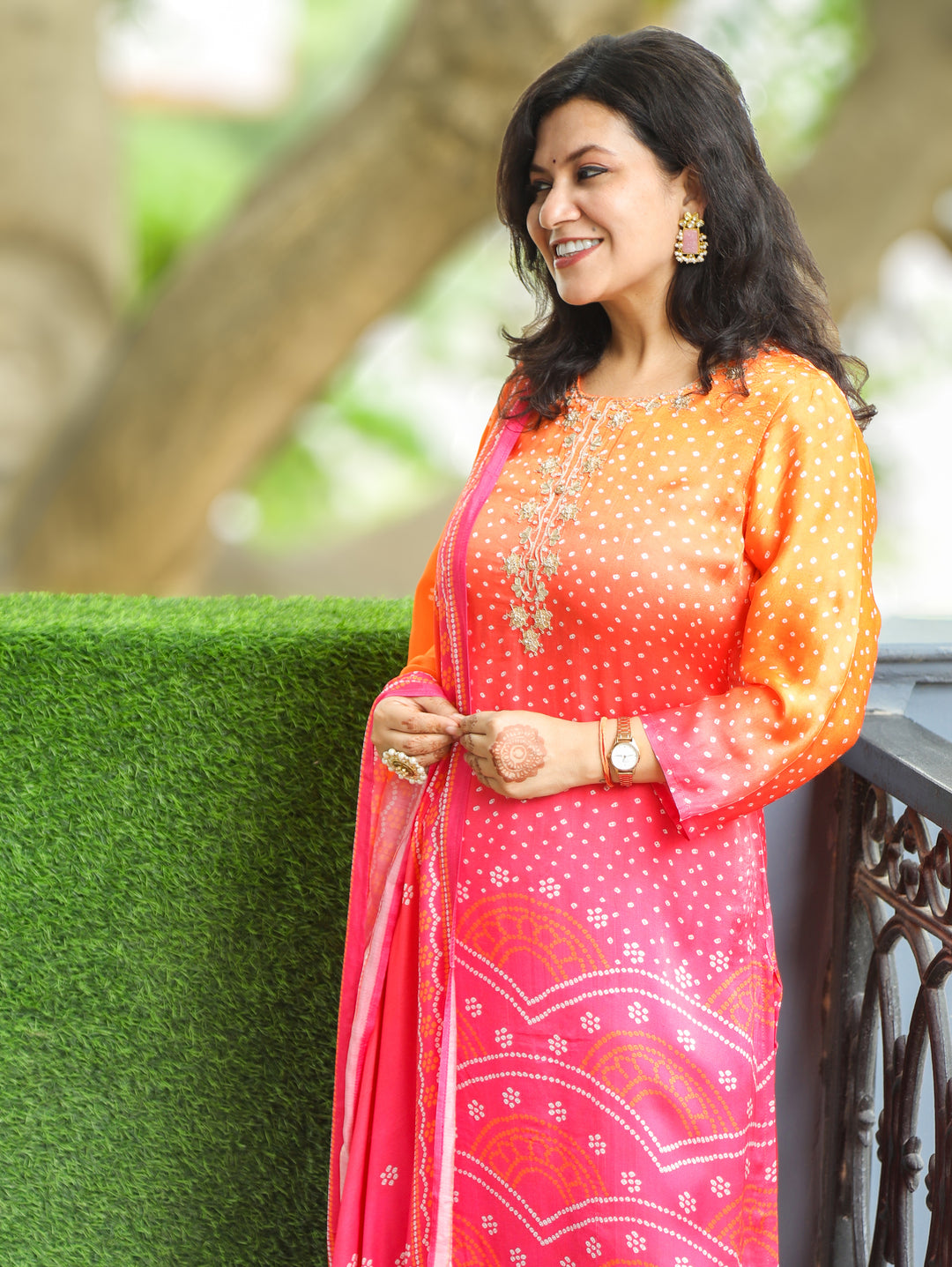 Meera Orange Pink Embellish Bandhani Muslin 3 Piece Set