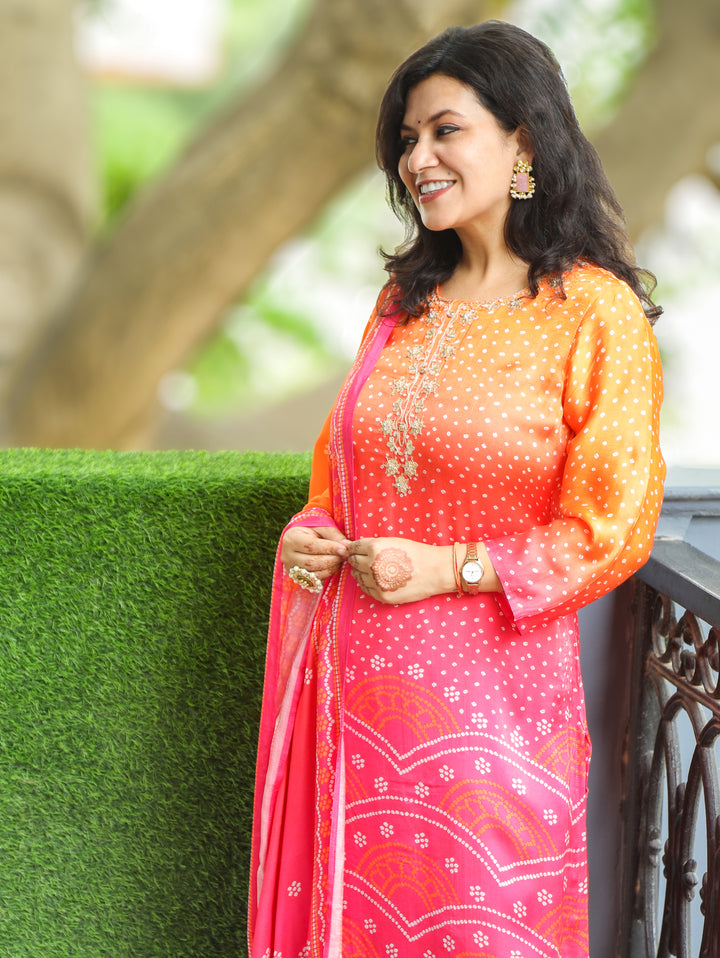 Meera Orange Pink Embellish Bandhani Muslin 3 Piece Set
