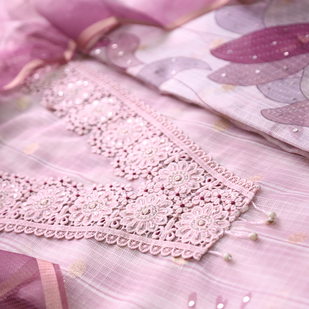 Zahir Helio Purple V Neck Lace Work Brocade Woven Kota Doriya Set