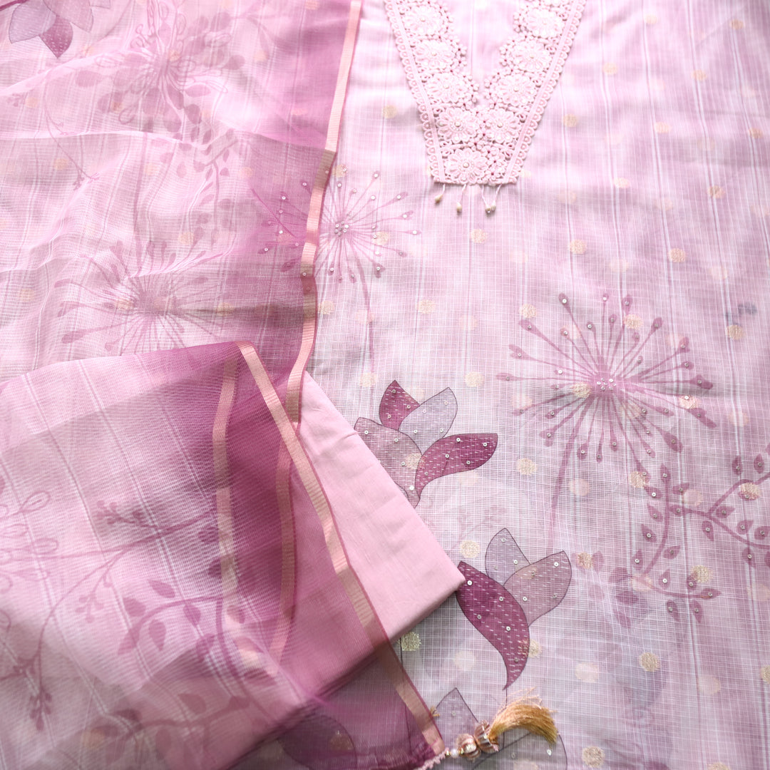 Zahir Helio Purple V Neck Lace Work Brocade Woven Kota Doriya Set