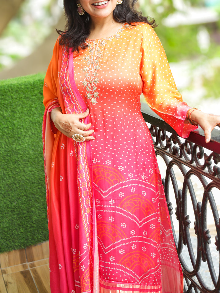 Meera Orange Pink Embellish Bandhani Muslin 3 Piece Set