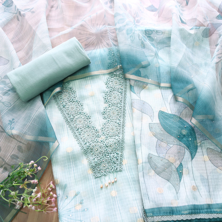 Zahir Ocean Blue V Neck Lace Work Brocade Woven Kota Doriya Set